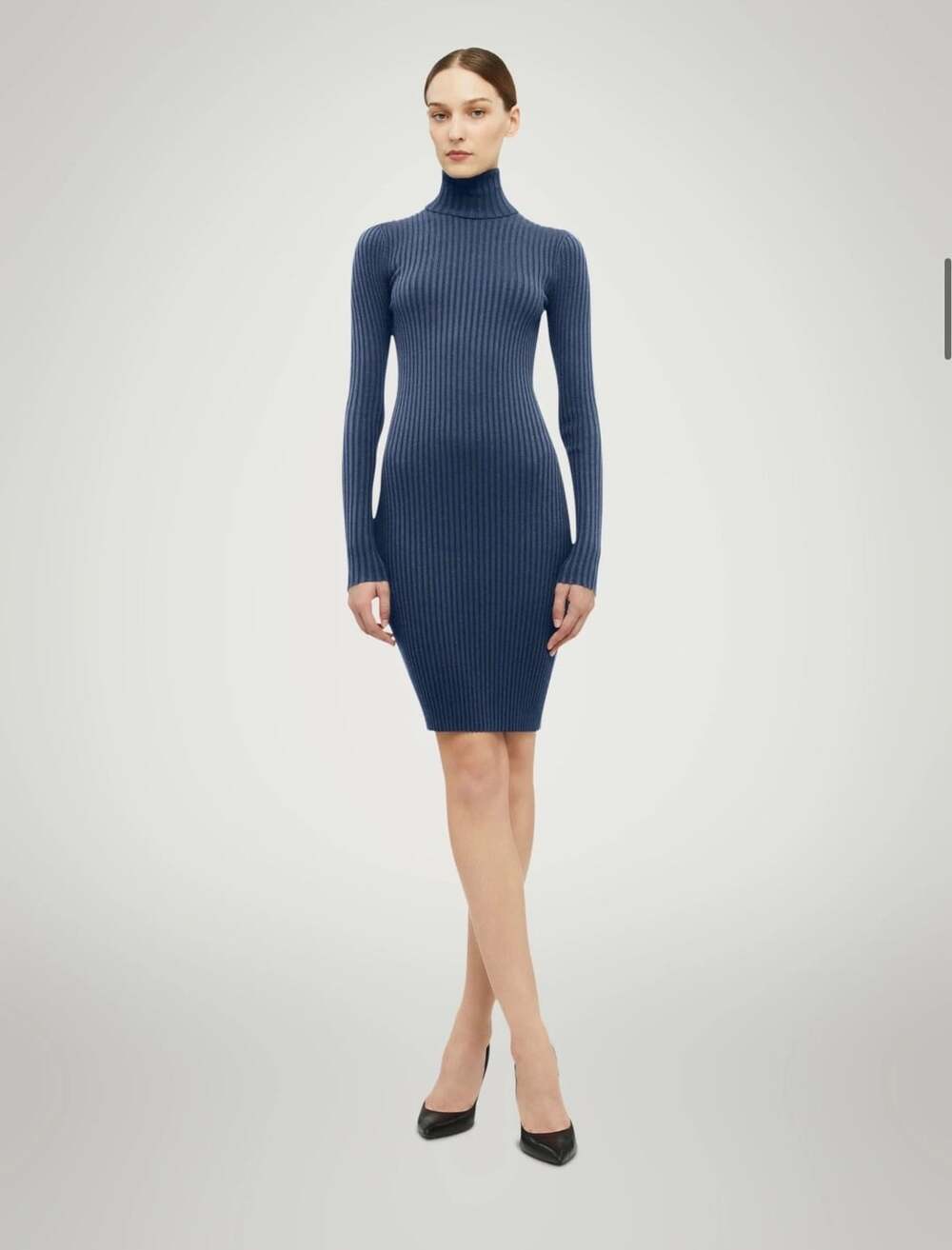 WOLFORD Merino Rib Dress Size XS Blue Virgin Wool Turtleneck
